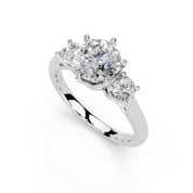 Six Prong Round Cut Three Stone Lab Grown Diamond Engagement Ring with Round side stones