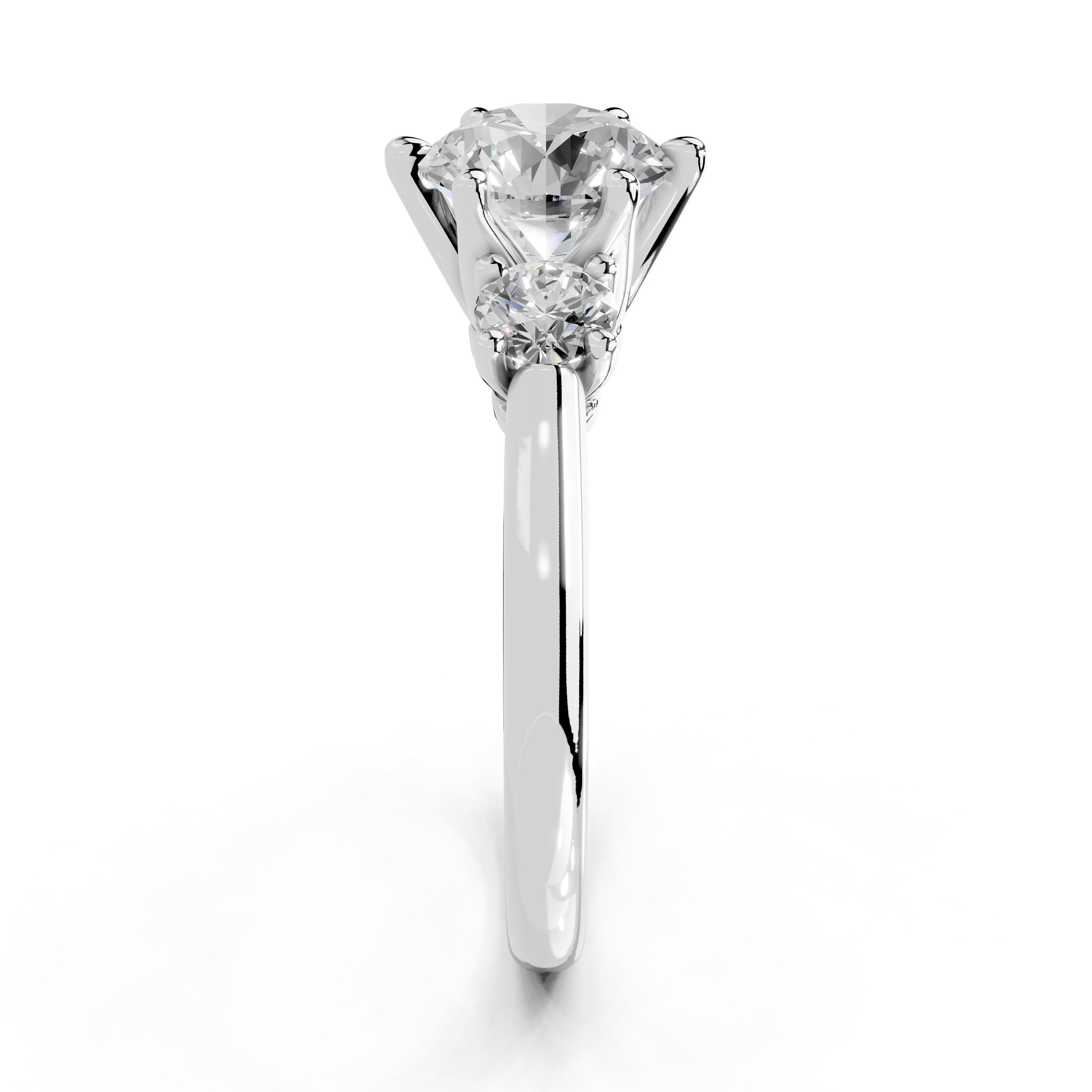 Six Prong Round Cut Three Stone Lab Grown Diamond Engagement Ring with Round side stones