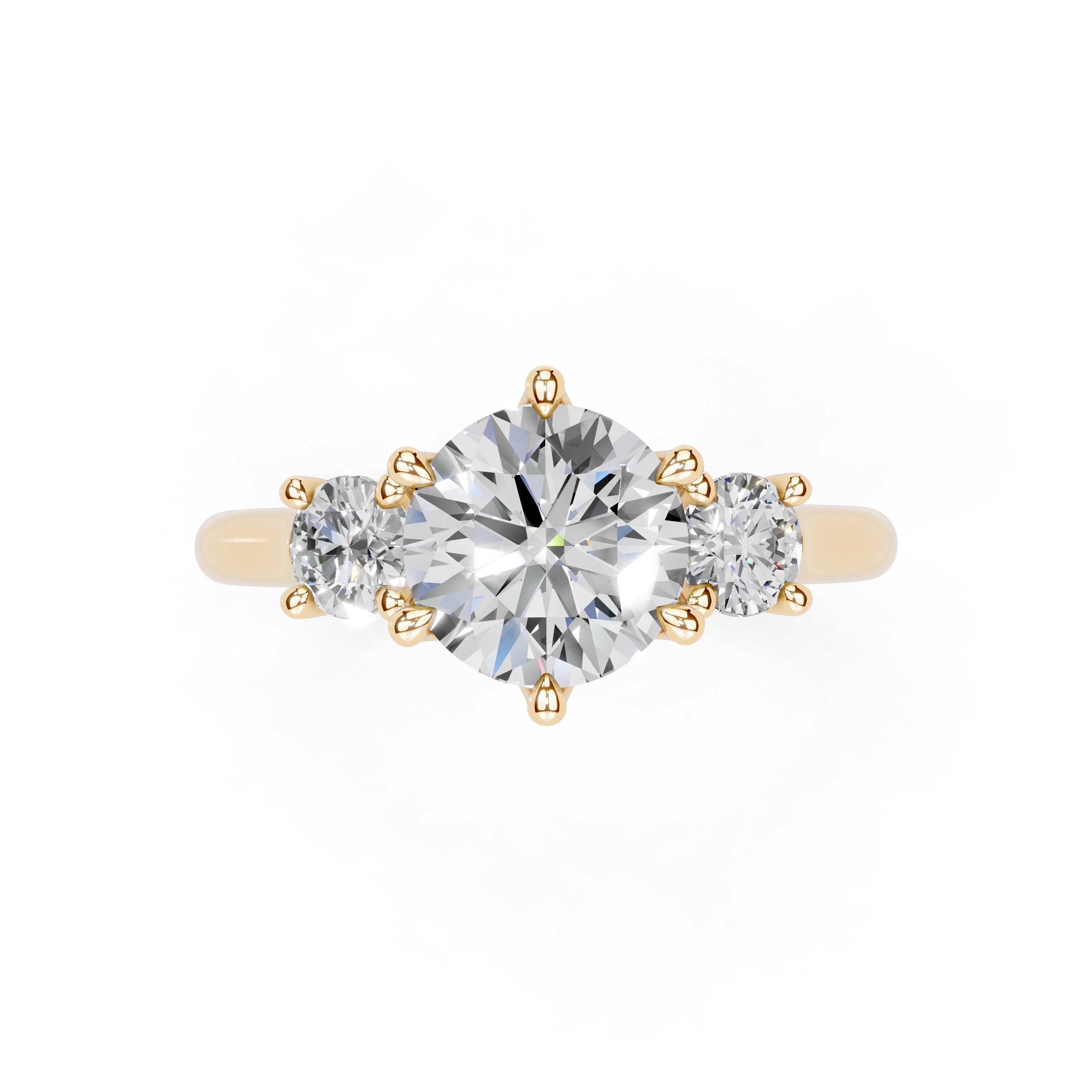 Six Prong Round Cut Three Stone Lab Grown Diamond Engagement Ring with Round side stones