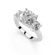 Four Prong Round Cut Three Stone Lab Grown Diamond Engagement Ring with Round side stones