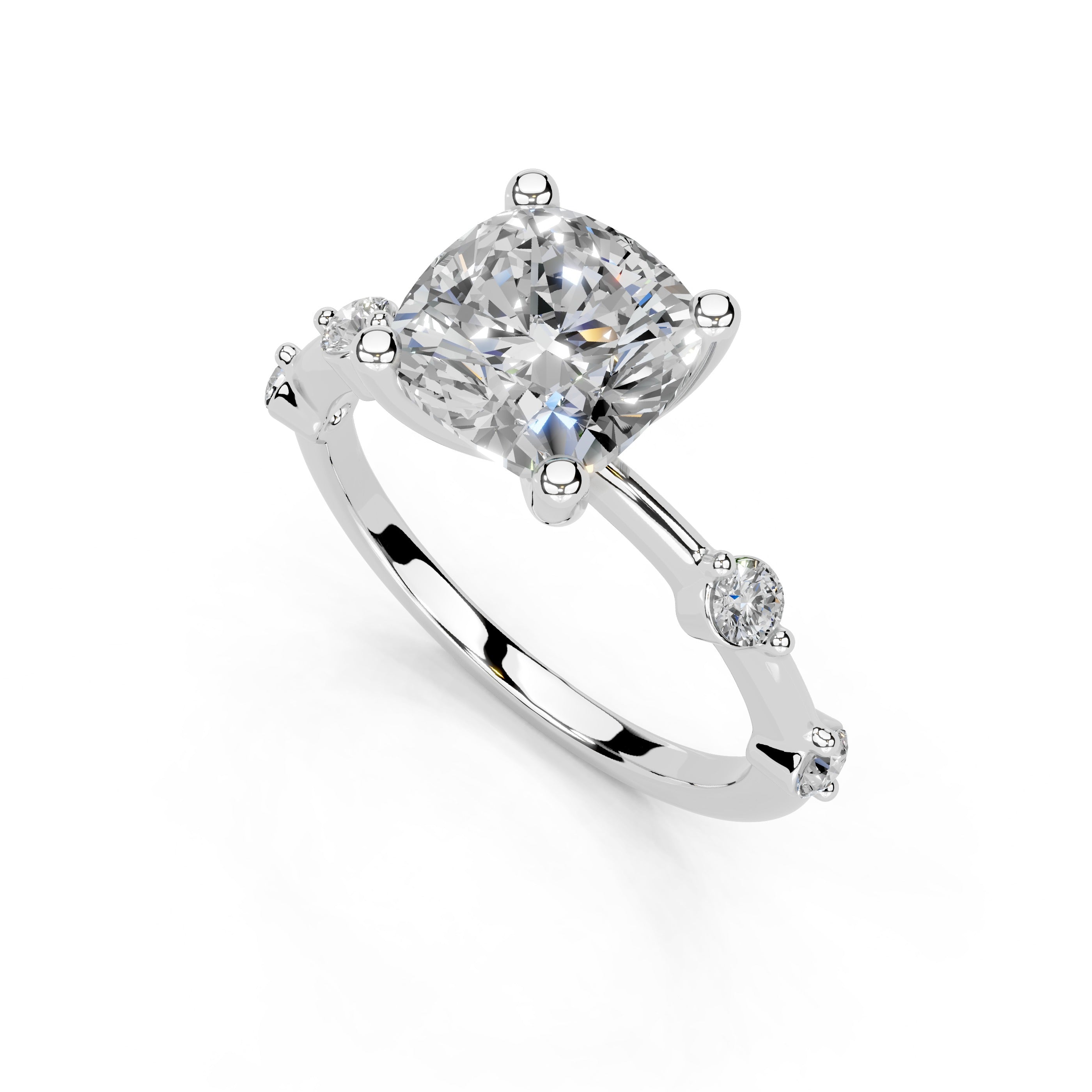 Cushion Cut Solitaire Lab Grown Diamond Engagement Ring with Minimal Side Stones