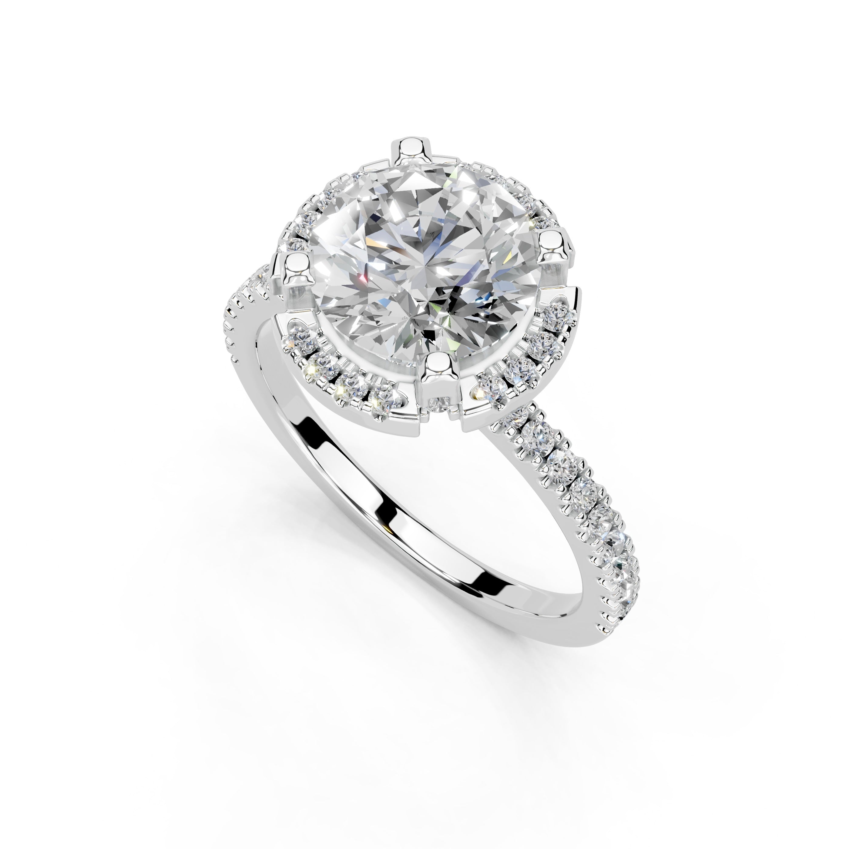 Round Cut Pave Setting Halo  Lab Grown Diamond Engagement Ring (1.6 mm width)