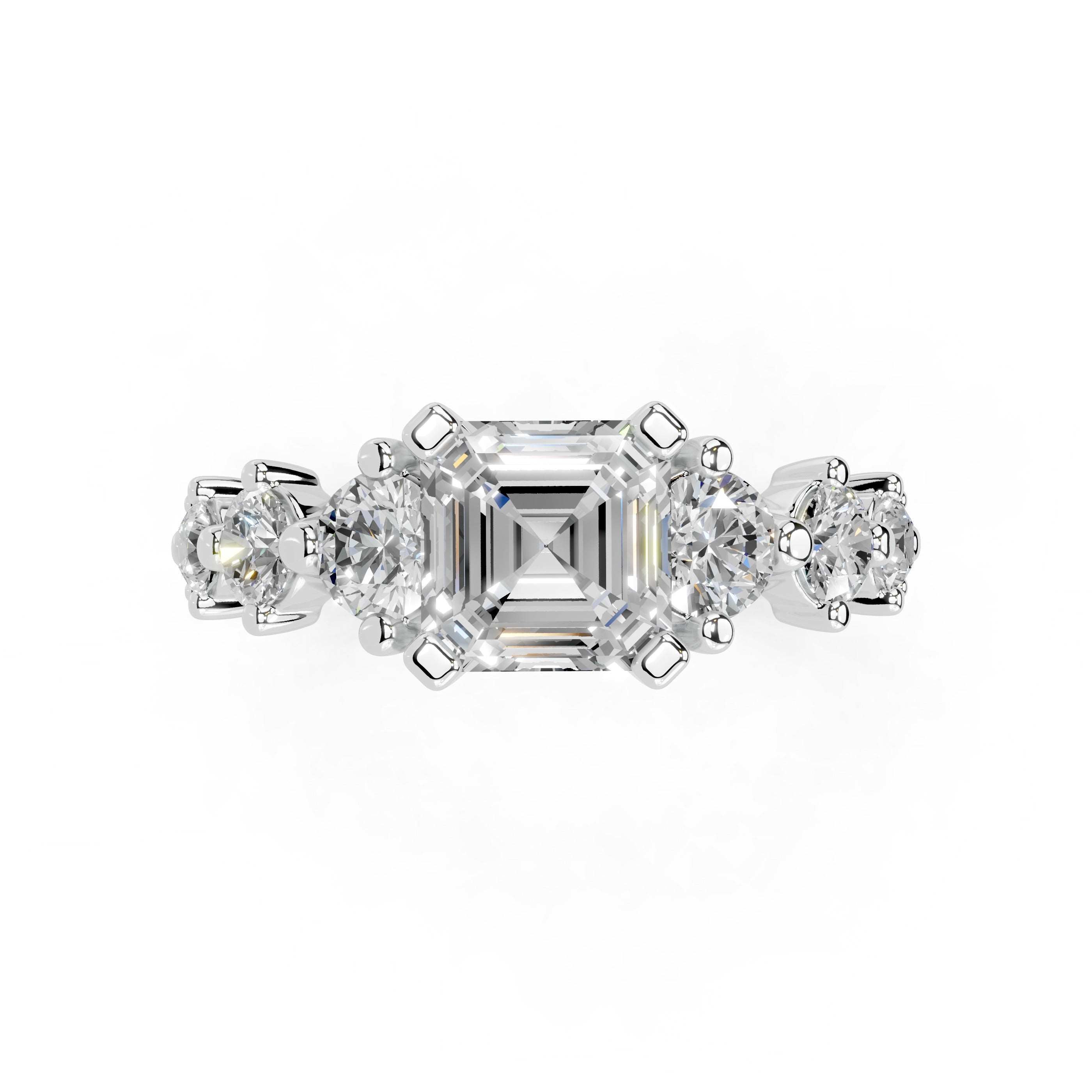 Asscher Cut Fancy  Lab Grown Diamond Engagement Ring with Round side stones