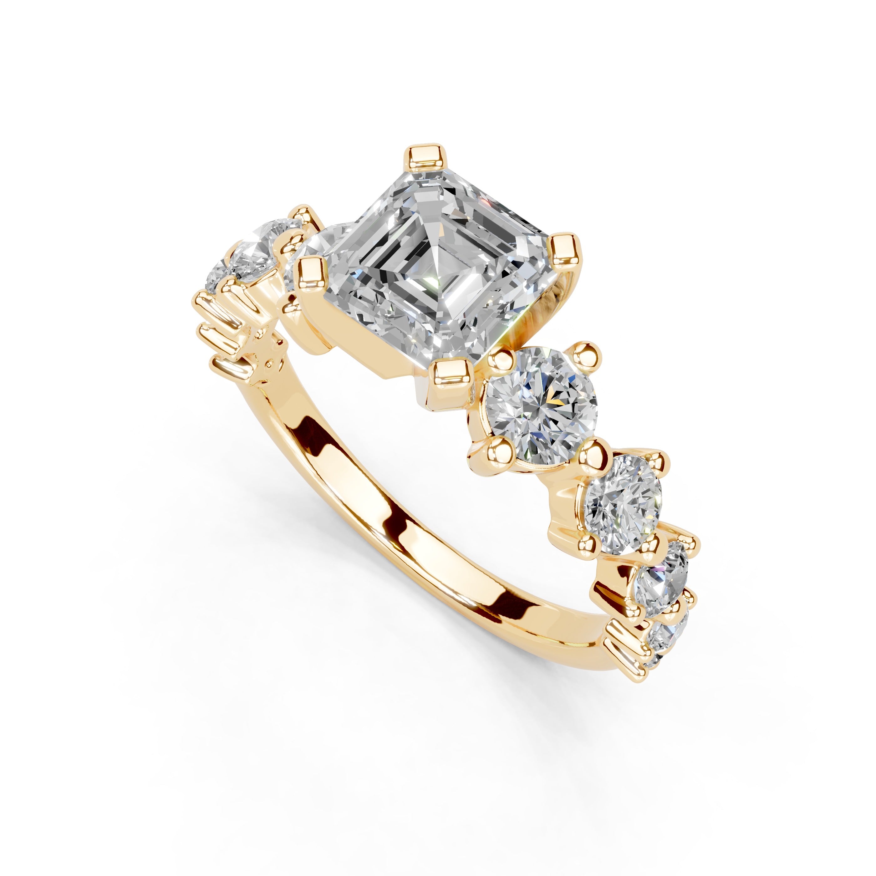 Asscher Cut Fancy  Lab Grown Diamond Engagement Ring with Round side stones