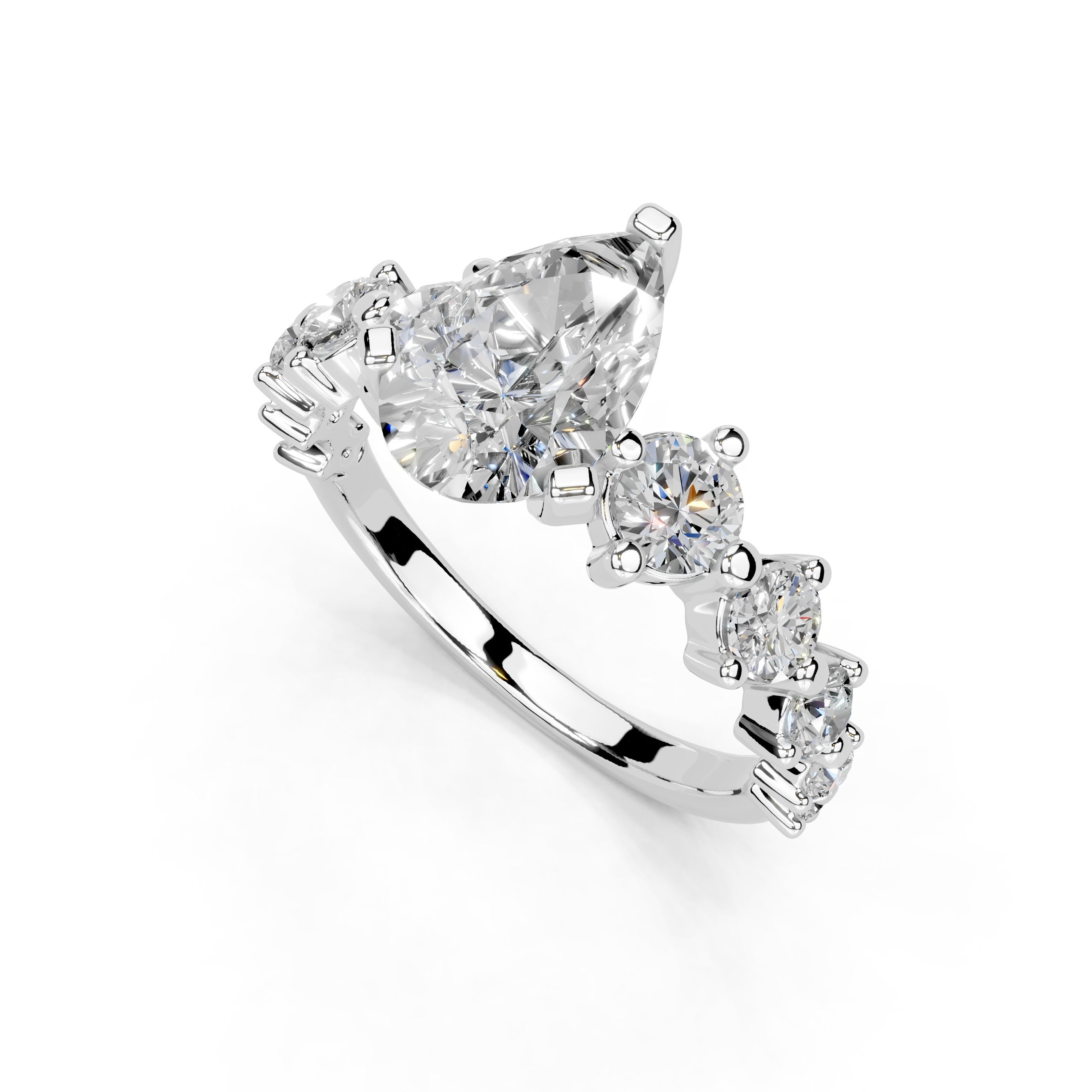 Pear Cut Fancy  Lab Grown Diamond Engagement Ring with Round side stones