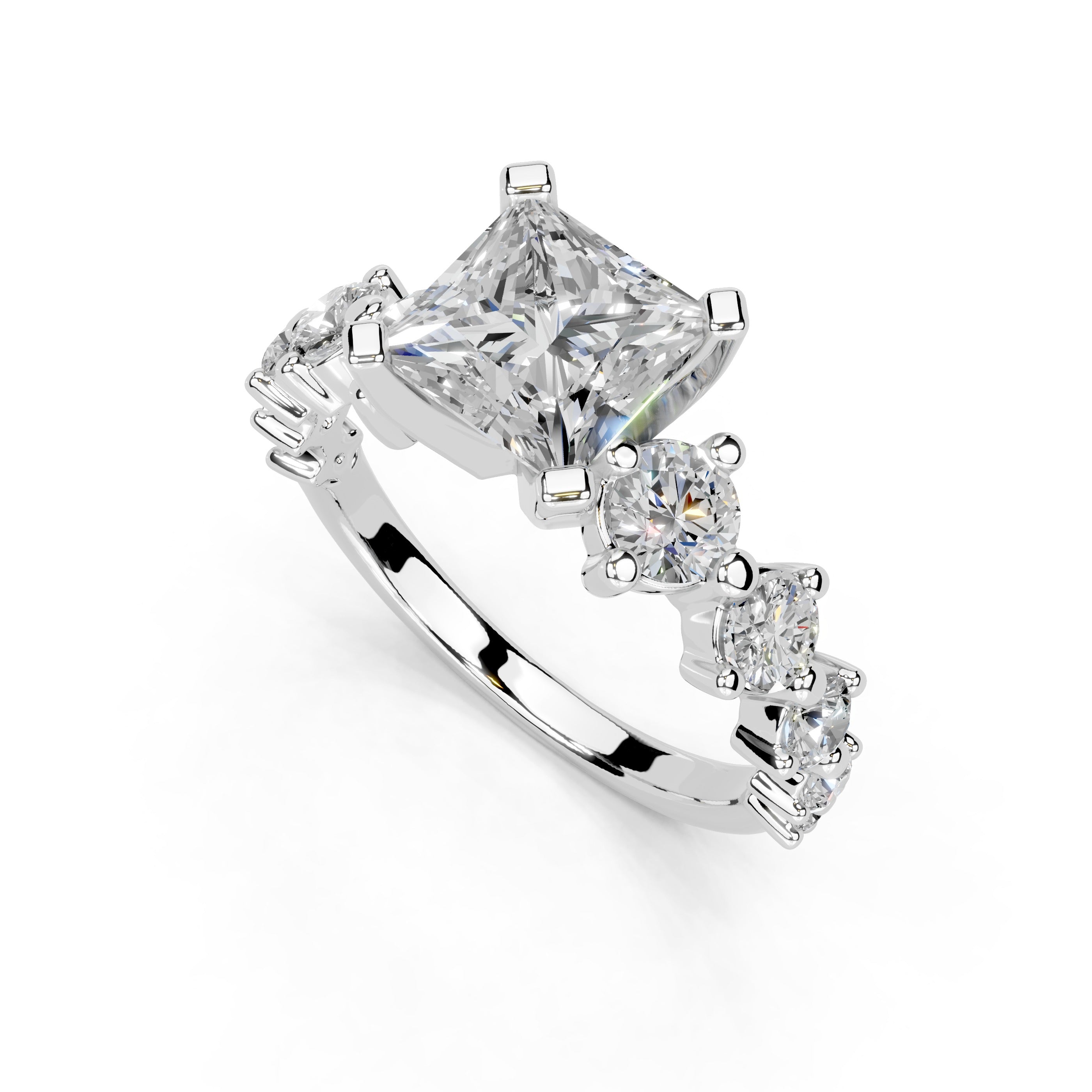 Princess Cut Fancy  Lab Grown Diamond Engagement Ring with Round side stones