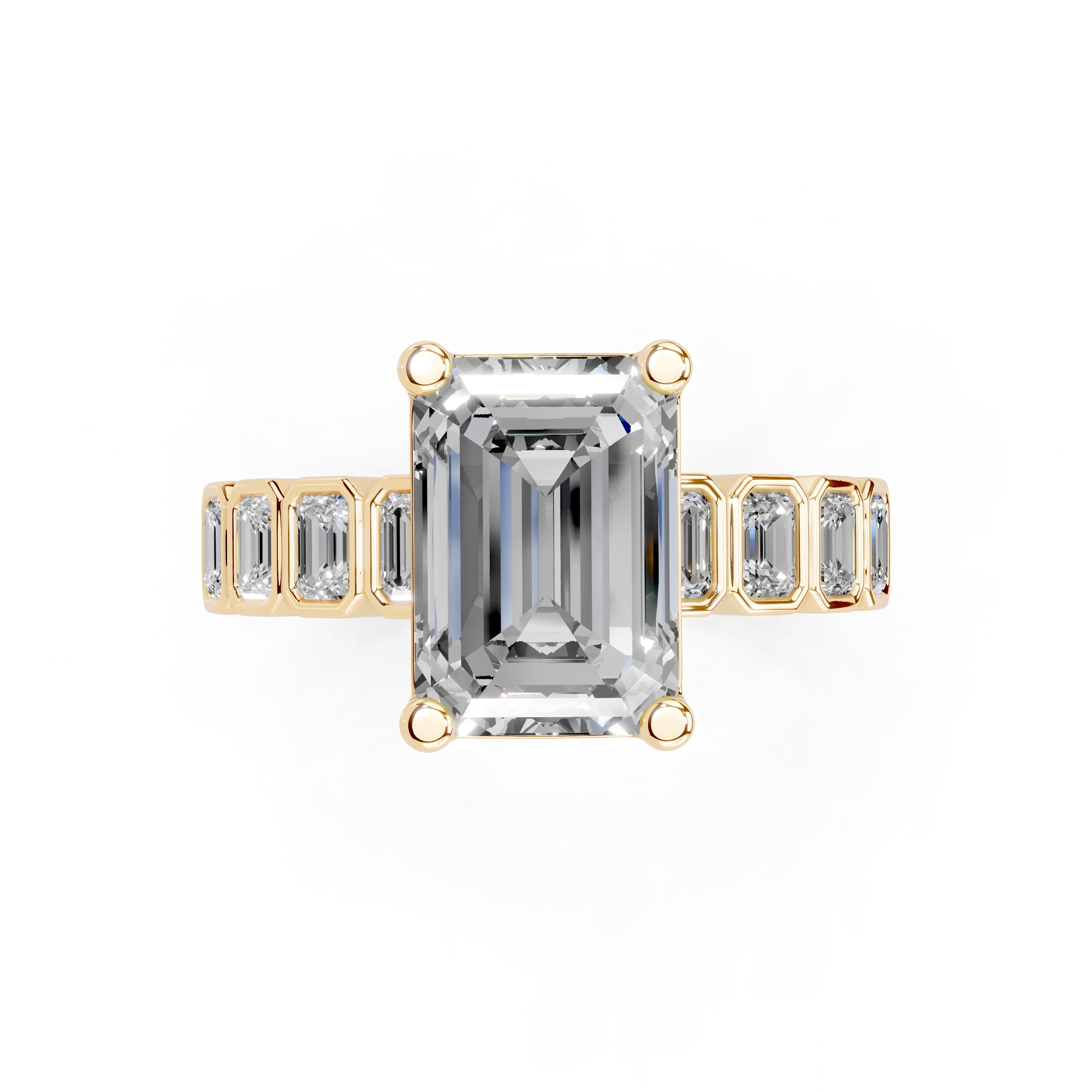 Emerald Cut Pave Lab Grown Diamond Engagement Ring with Emerald side stones