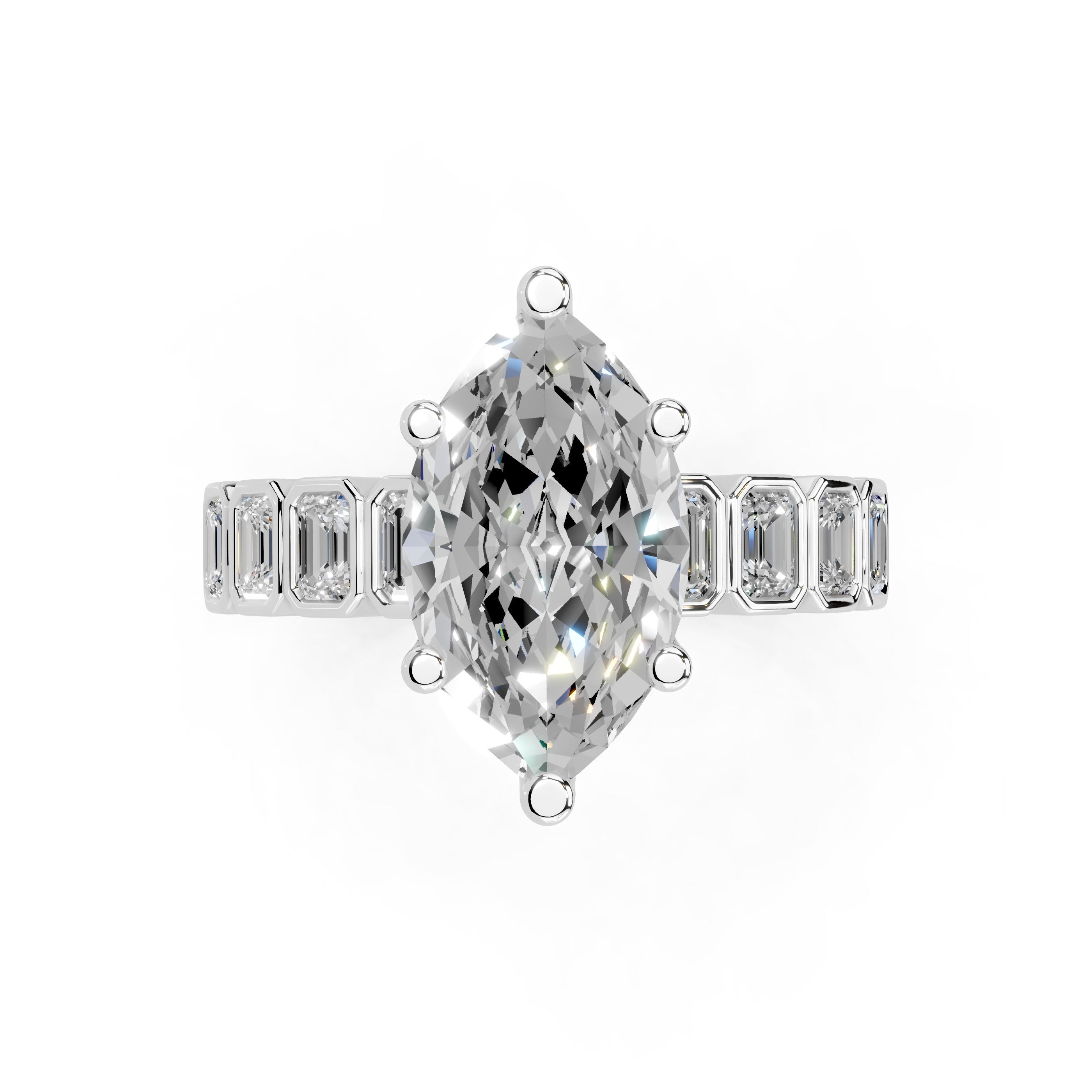 Marquise Cut Pave Lab Grown Diamond Engagement Ring with Emerald side stones