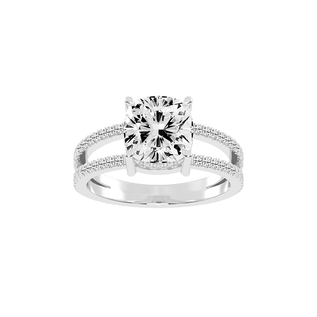 Cushion Cut Split Shank Lab Grown Diamond Engagement Ring with Pave Setting