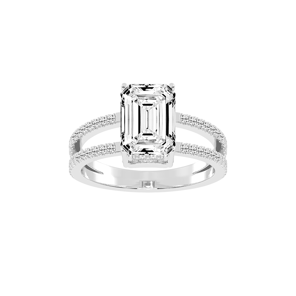 Emerald Cut Split Shank Lab Grown Diamond Engagement Ring with Pave Setting