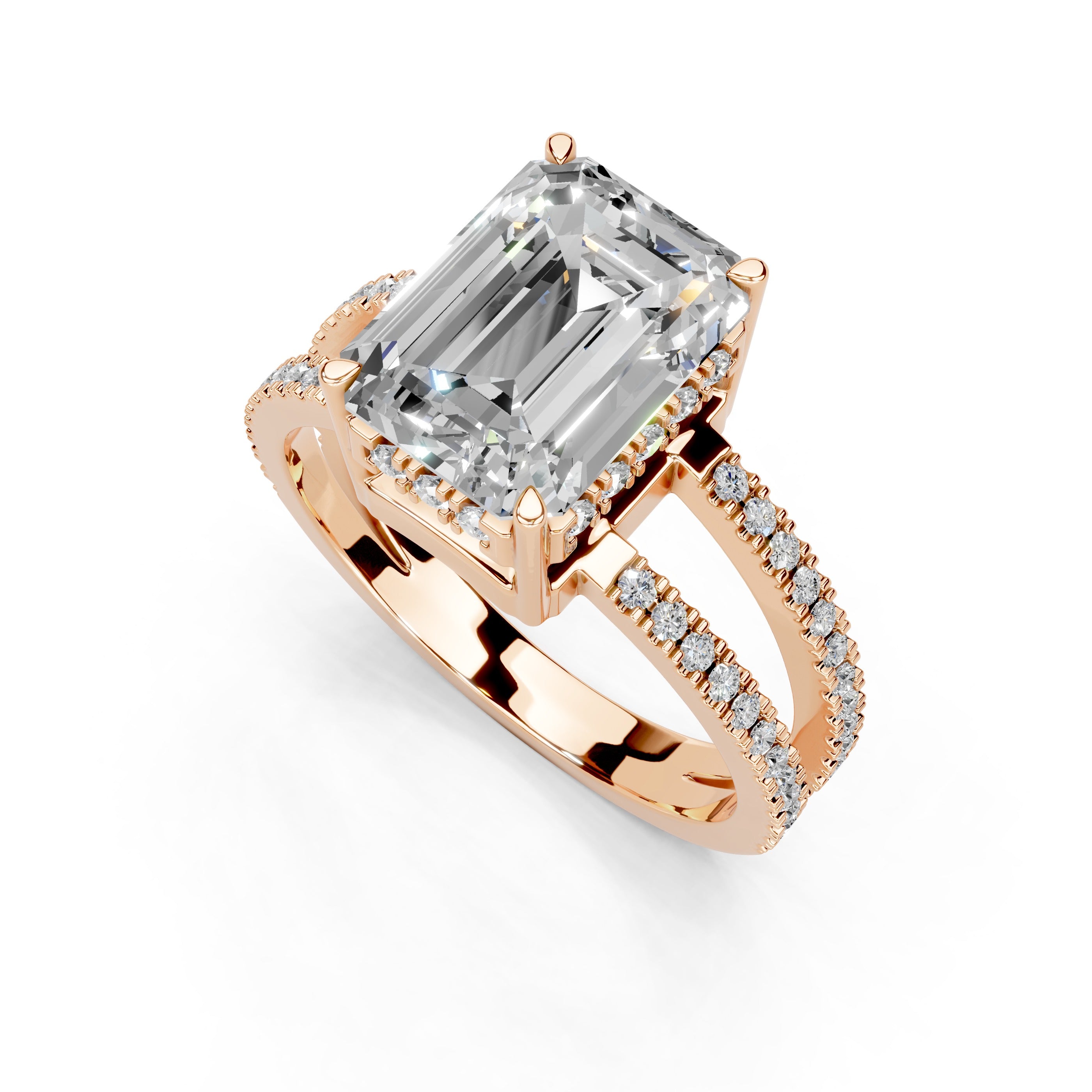 Emerald Cut Split Shank Lab Grown Diamond Engagement Ring with Pave Setting