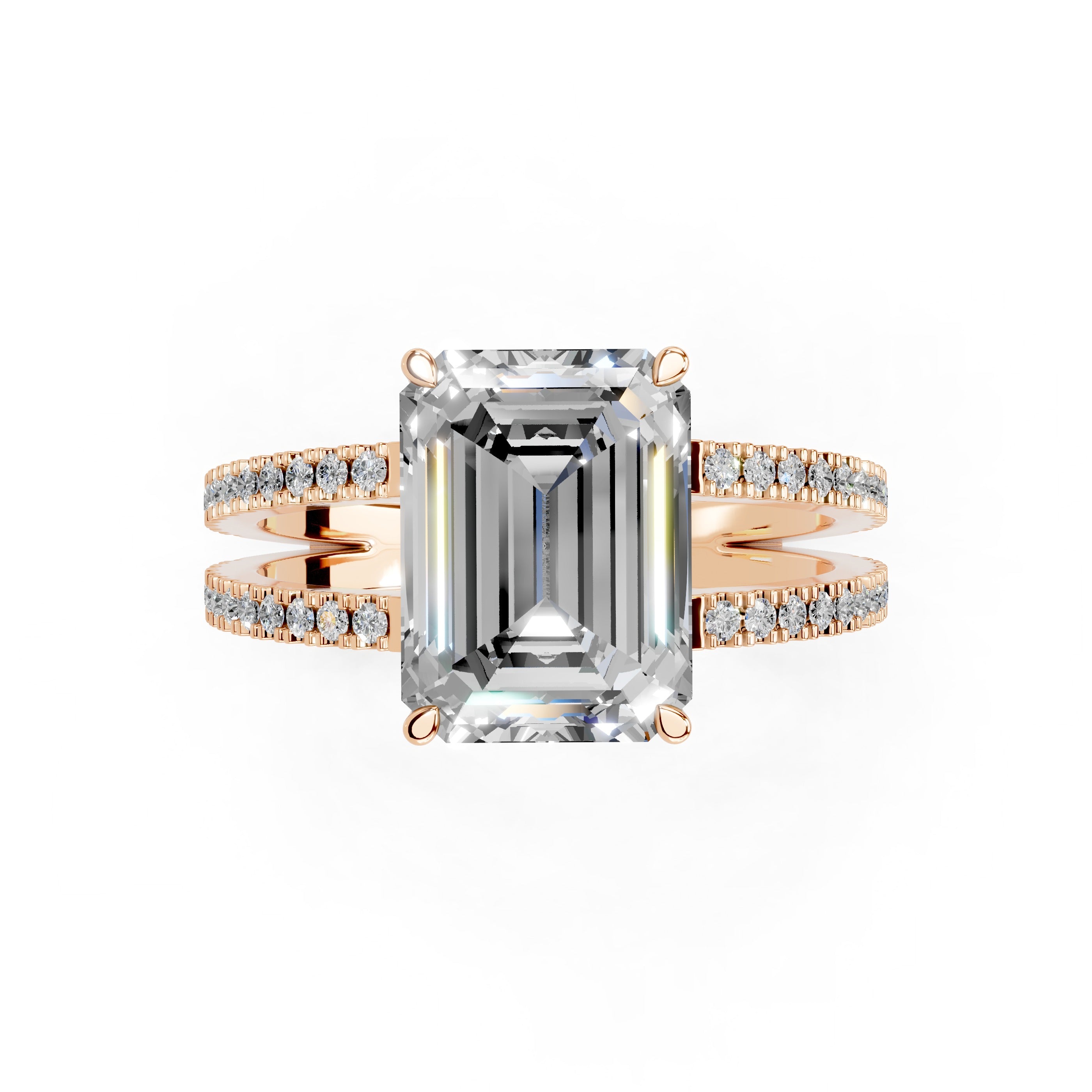 Emerald Cut Split Shank Lab Grown Diamond Engagement Ring with Pave Setting