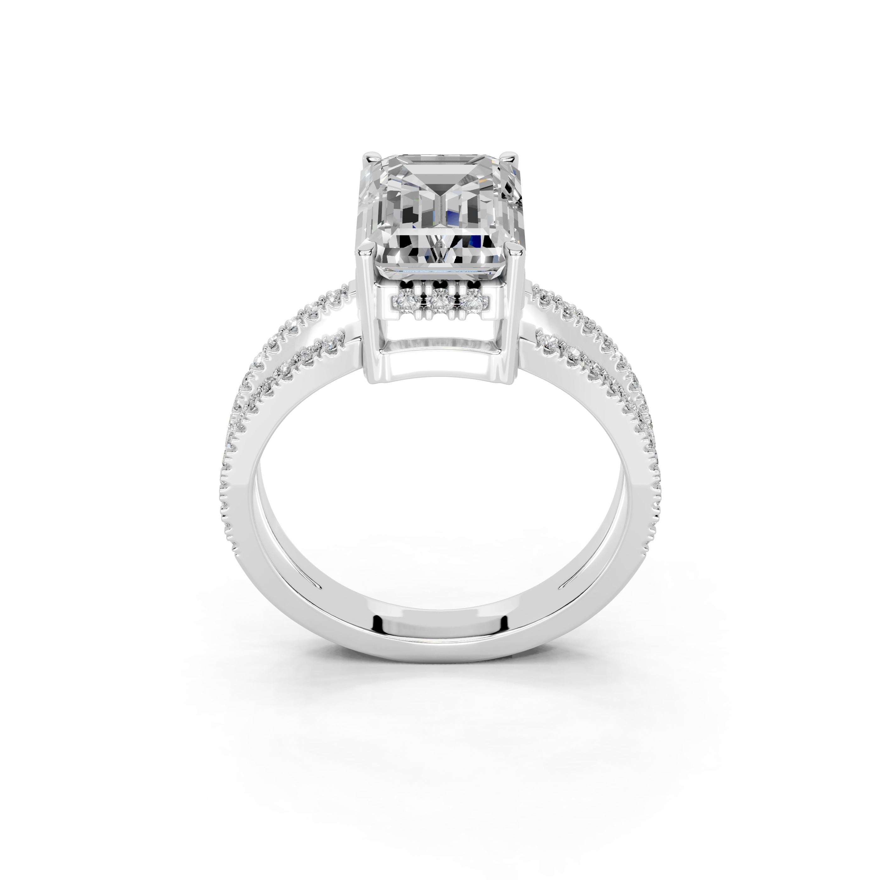 Emerald Cut Split Shank Lab Grown Diamond Engagement Ring with Pave Setting