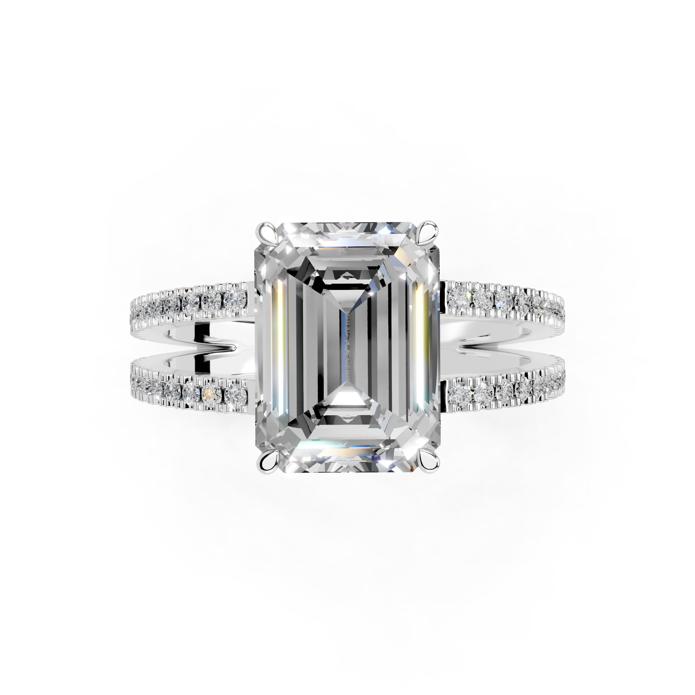 Emerald Cut Split Shank Lab Grown Diamond Engagement Ring with Pave Setting