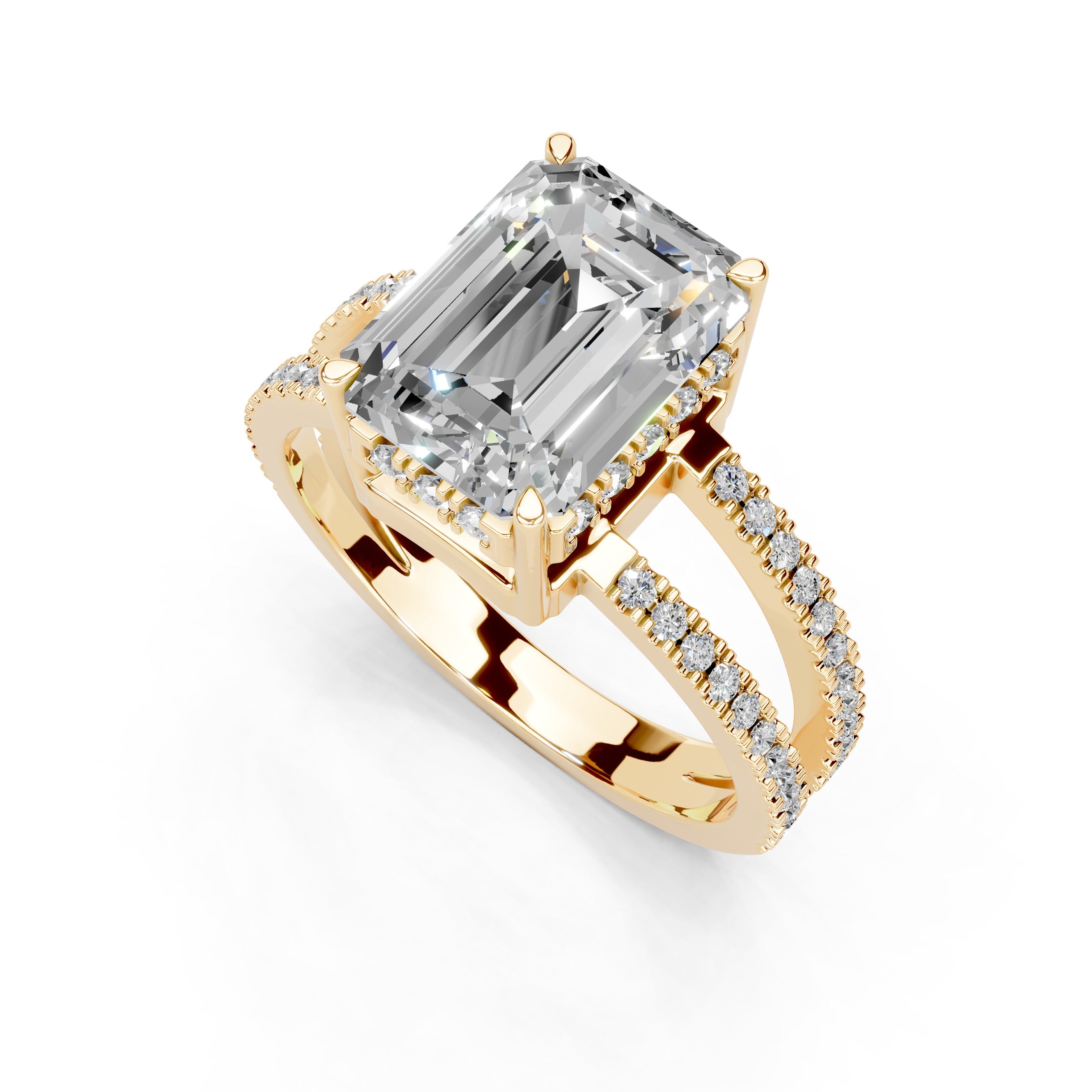 Emerald Cut Split Shank Lab Grown Diamond Engagement Ring with Pave Setting