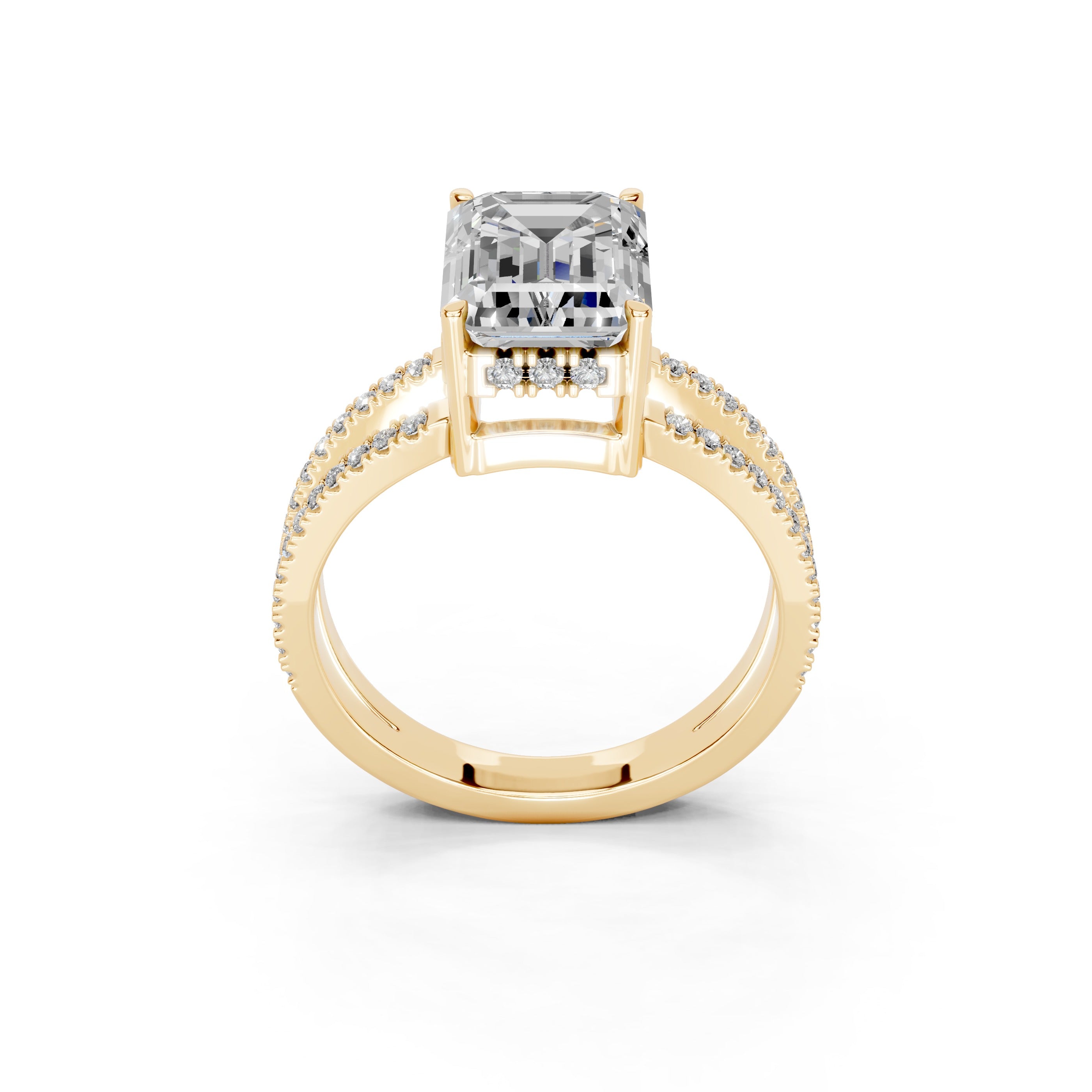 Emerald Cut Split Shank Lab Grown Diamond Engagement Ring with Pave Setting