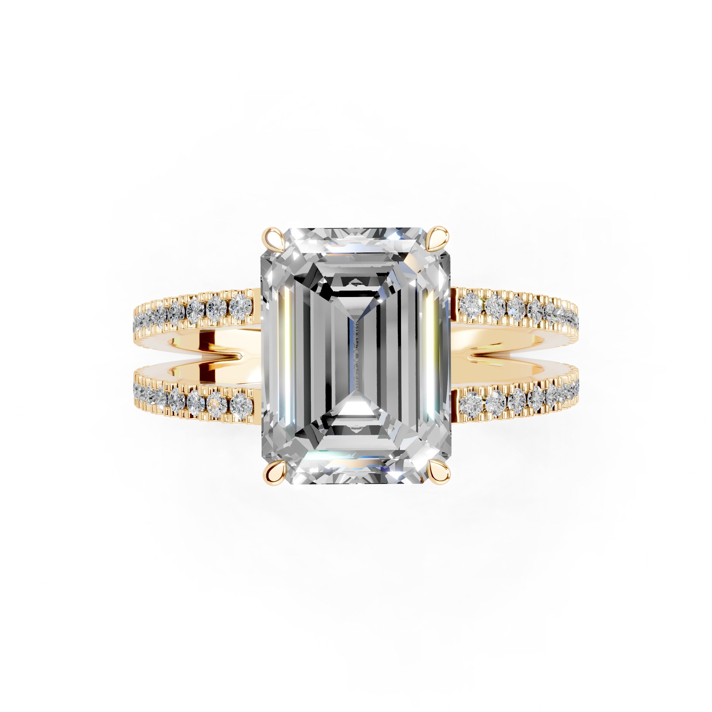 Emerald Cut Split Shank Lab Grown Diamond Engagement Ring with Pave Setting