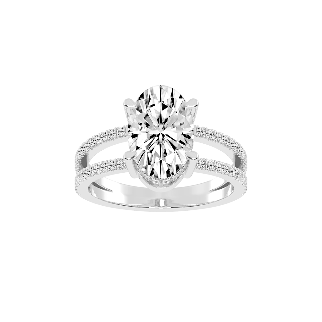 Oval Cut Split Shank Lab Grown Diamond Engagement Ring with Pave Setting