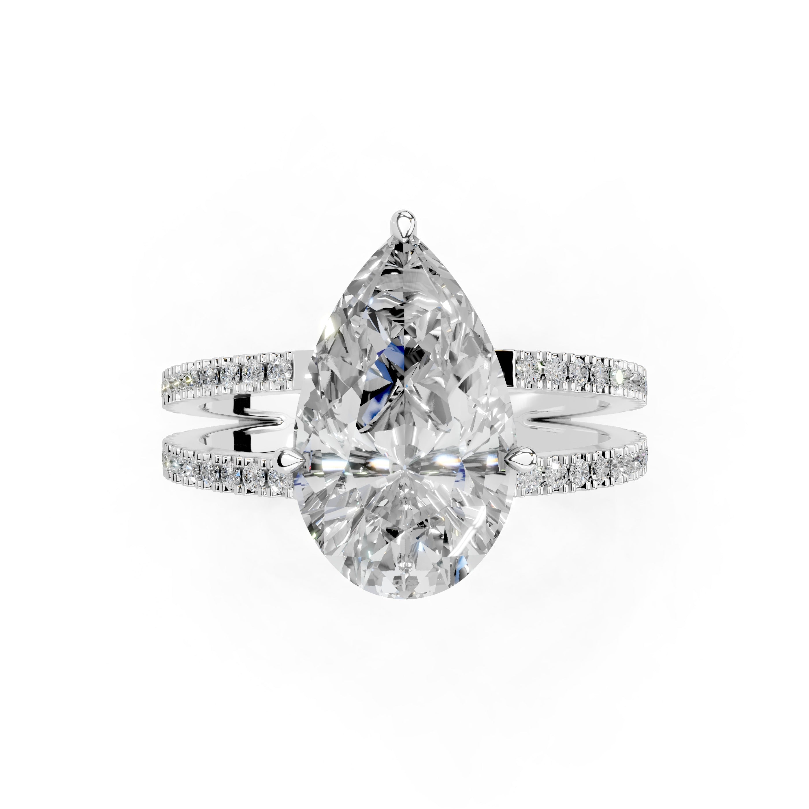 Pear Cut Split Shank Lab Grown Diamond Engagement Ring with Pave Setting