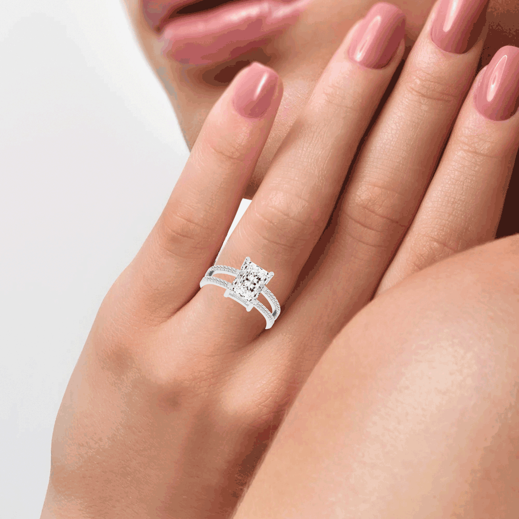 Radiant Cut Split Shank  Lab Grown Diamond Engagement Ring with Pave Setting