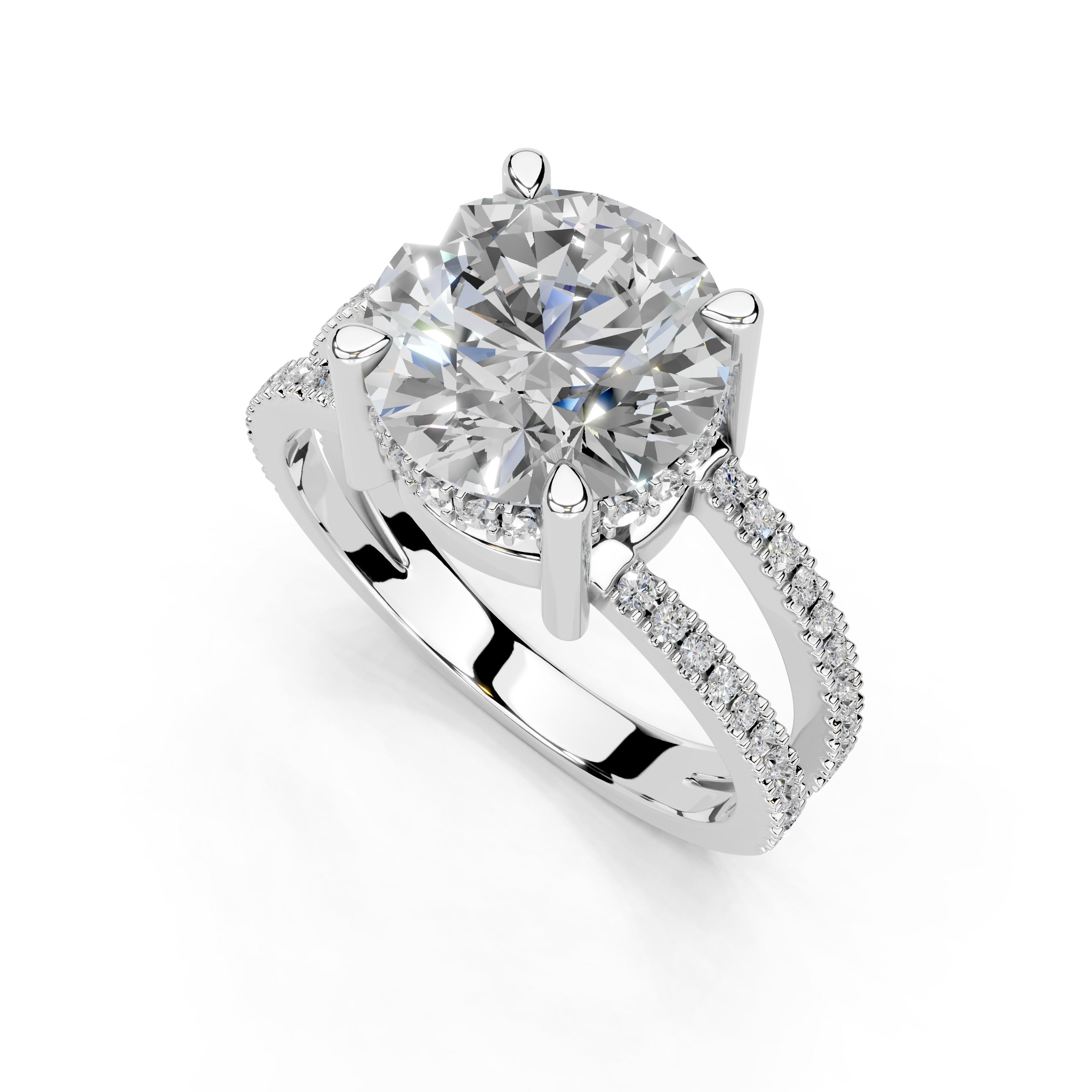 Round Cut  Split Shank  Lab Grown Diamond Engagement Ring with Pave Setting