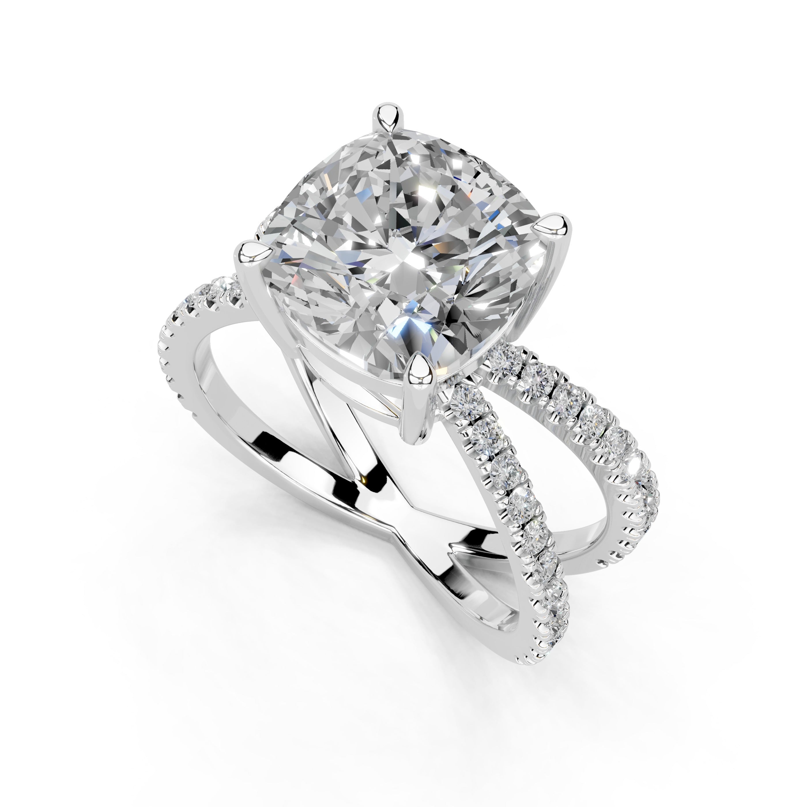 Cushion Cut Split Shank Lab Grown Diamond Engagement Ring with Pave Setting