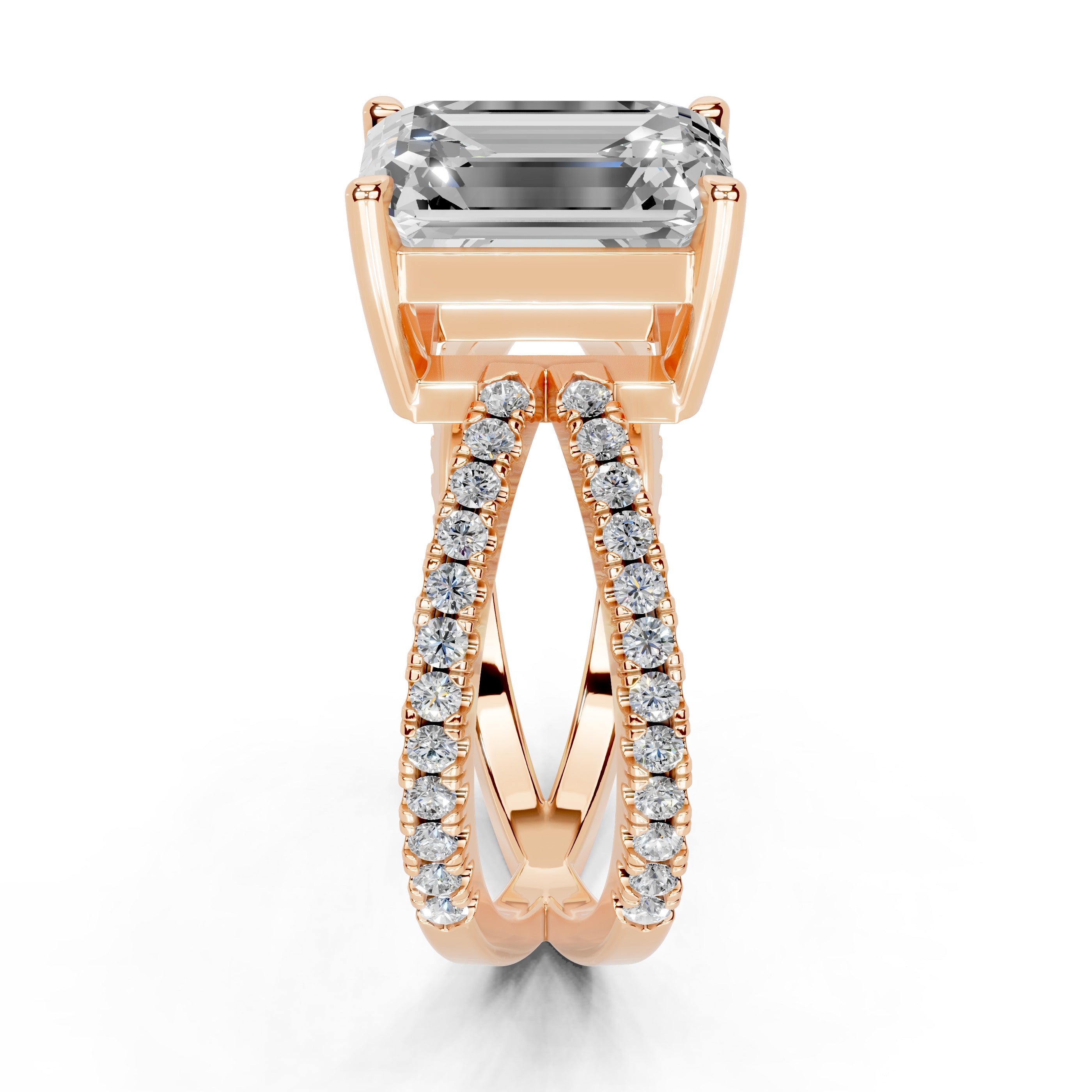 Emerald Cut Split Shank Lab Grown Diamond Engagement Ring with Pave Setting