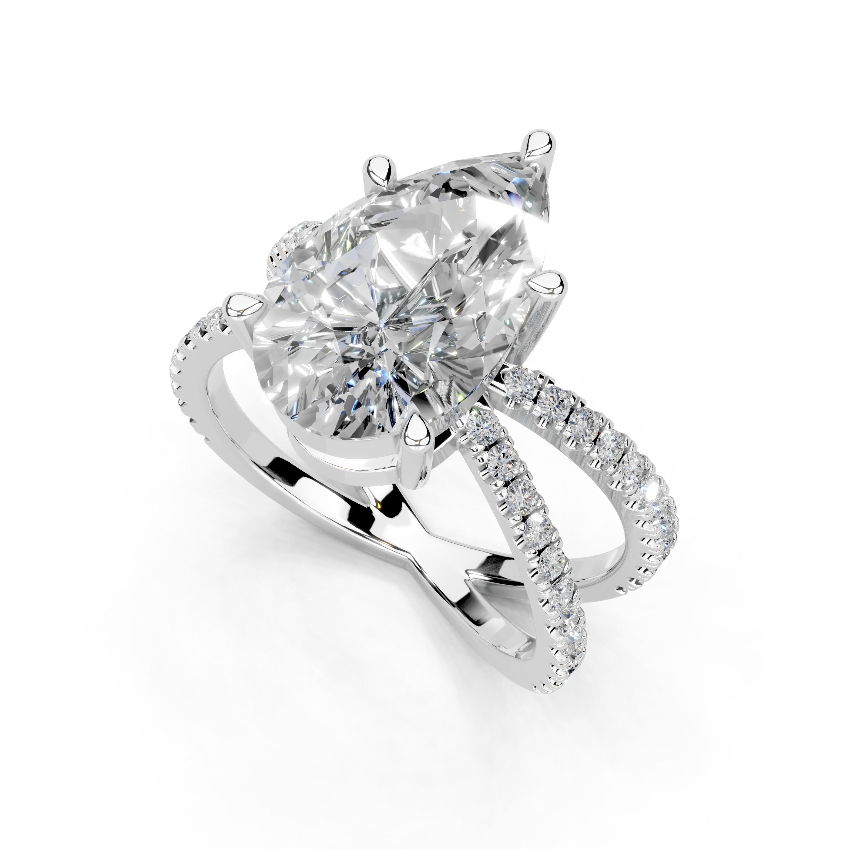 Pear Cut Split Shank Lab Grown Diamond Engagement Ring with Pave Setting