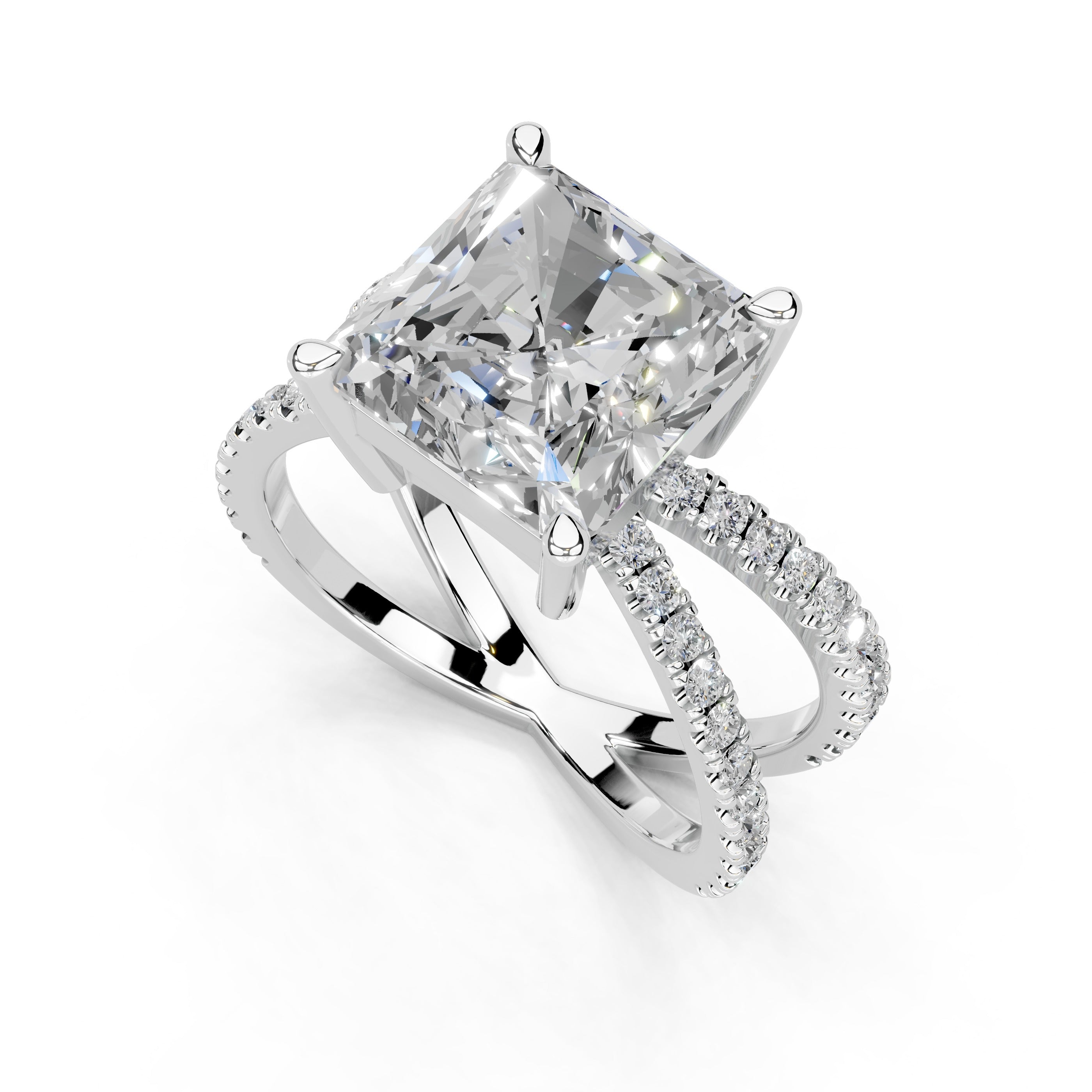 Radiant Cut Split Shank Lab Grown Diamond Engagement Ring with Pave Setting