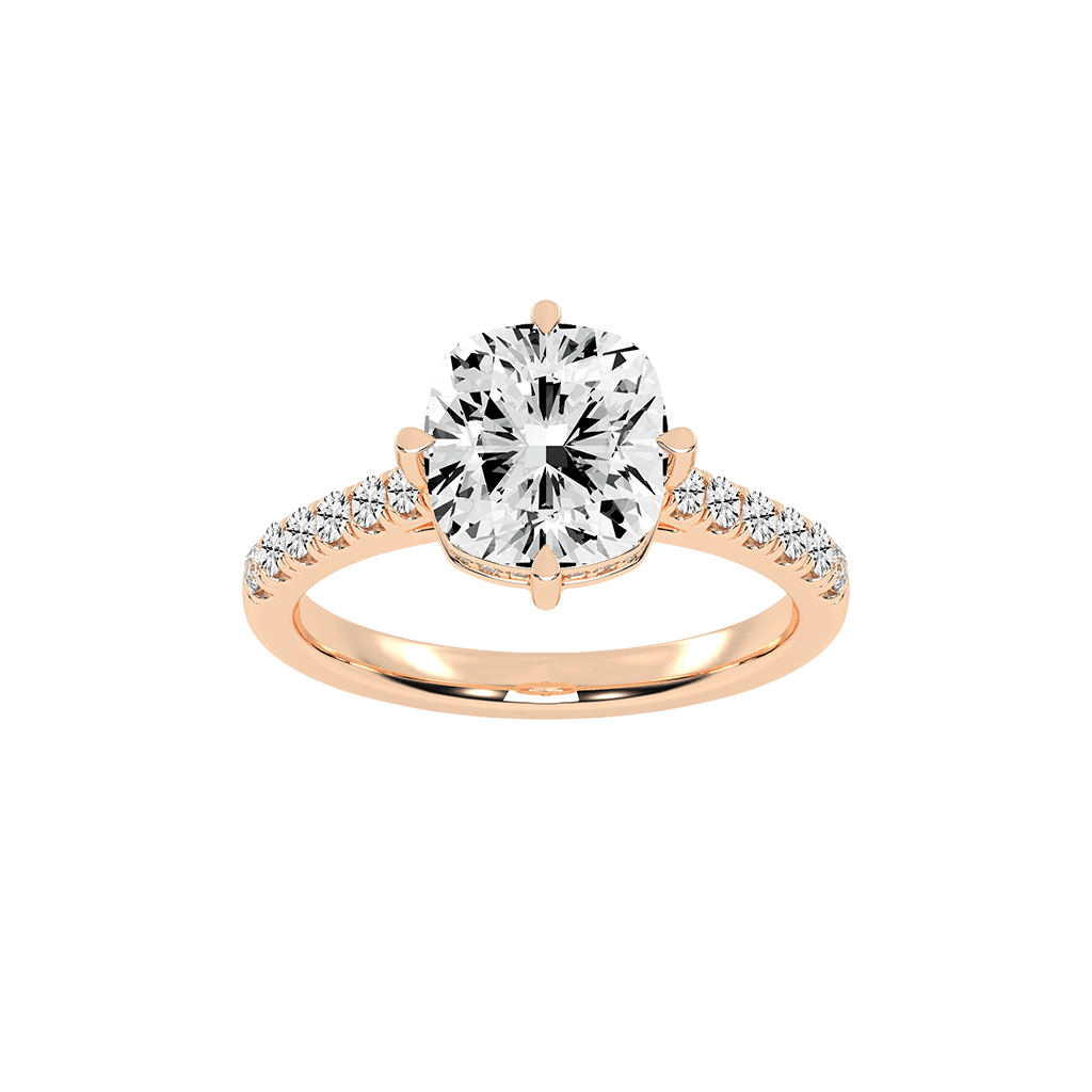 Pave Lab Grown Diamond Engagement Ring with Cushion Center Stone and Hidden Halo Setting