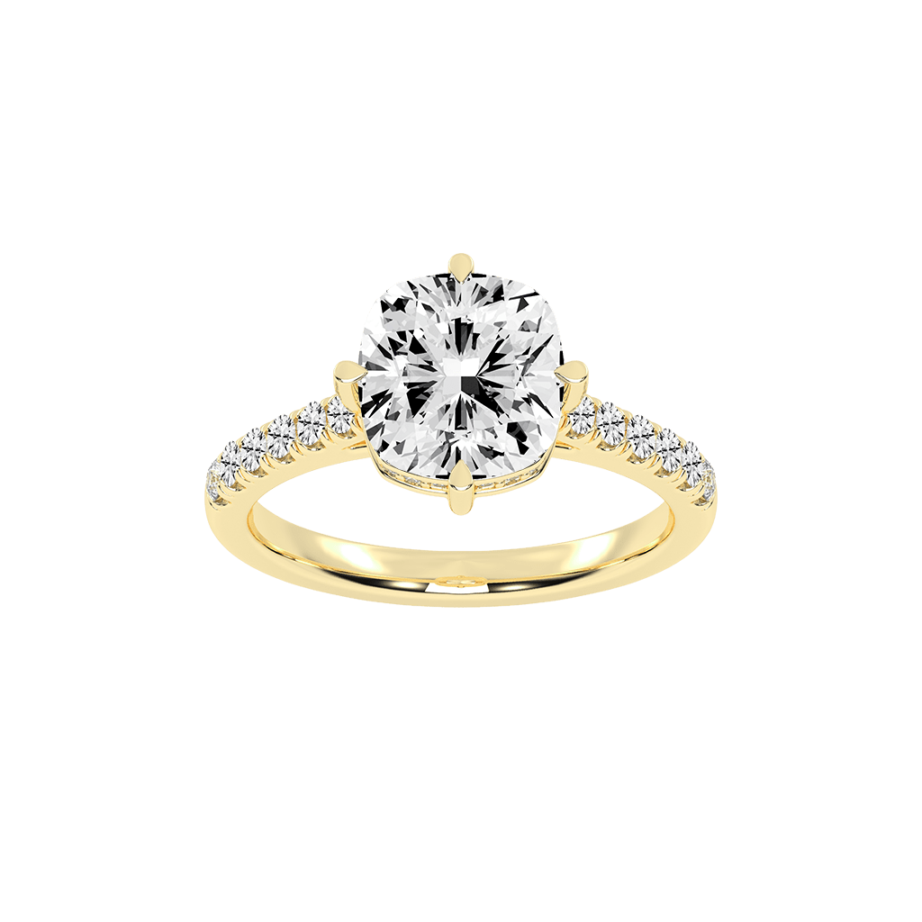 Pave Lab Grown Diamond Engagement Ring with Cushion Center Stone and Hidden Halo Setting