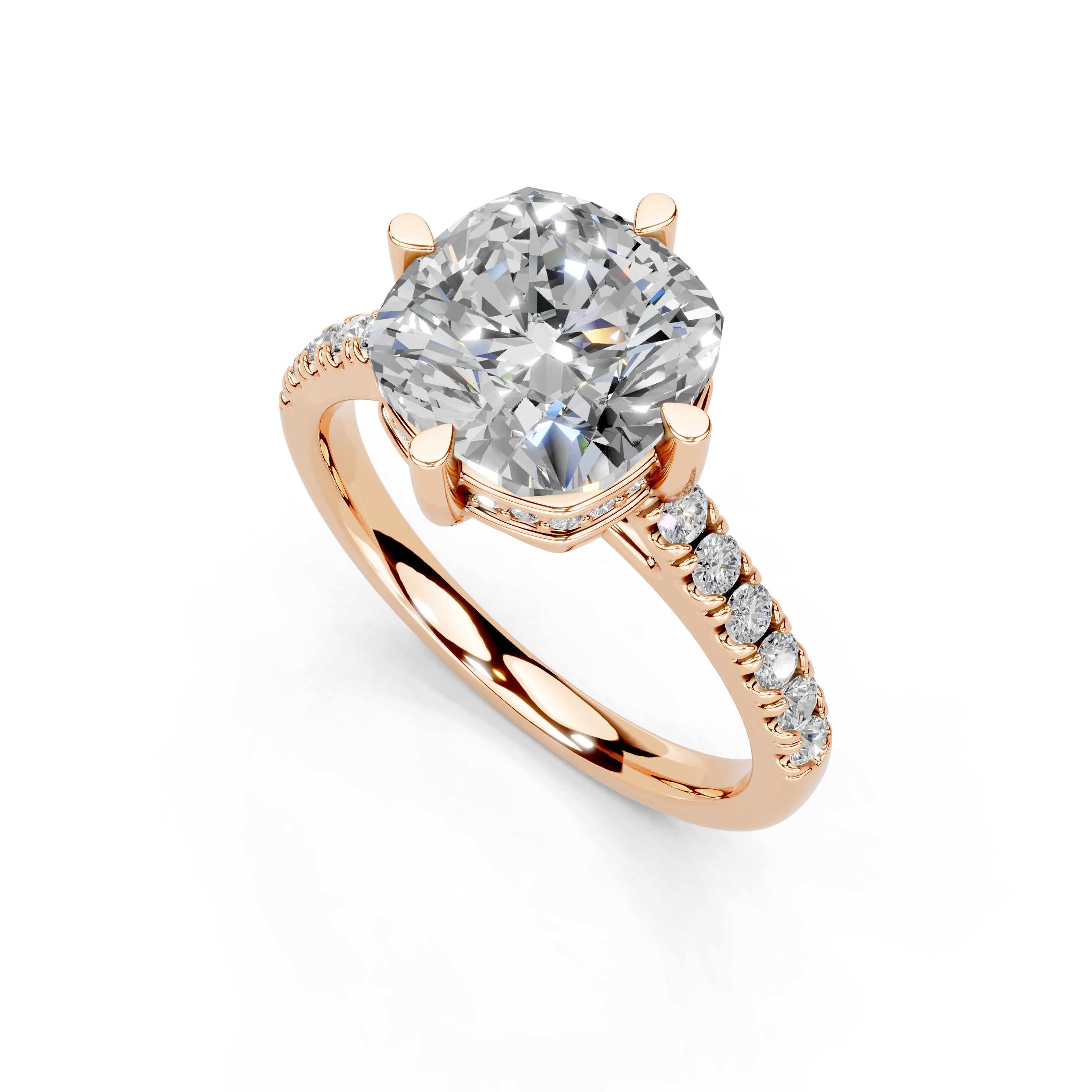 Pave Lab Grown Diamond Engagement Ring with Cushion Center Stone and Hidden Halo Setting