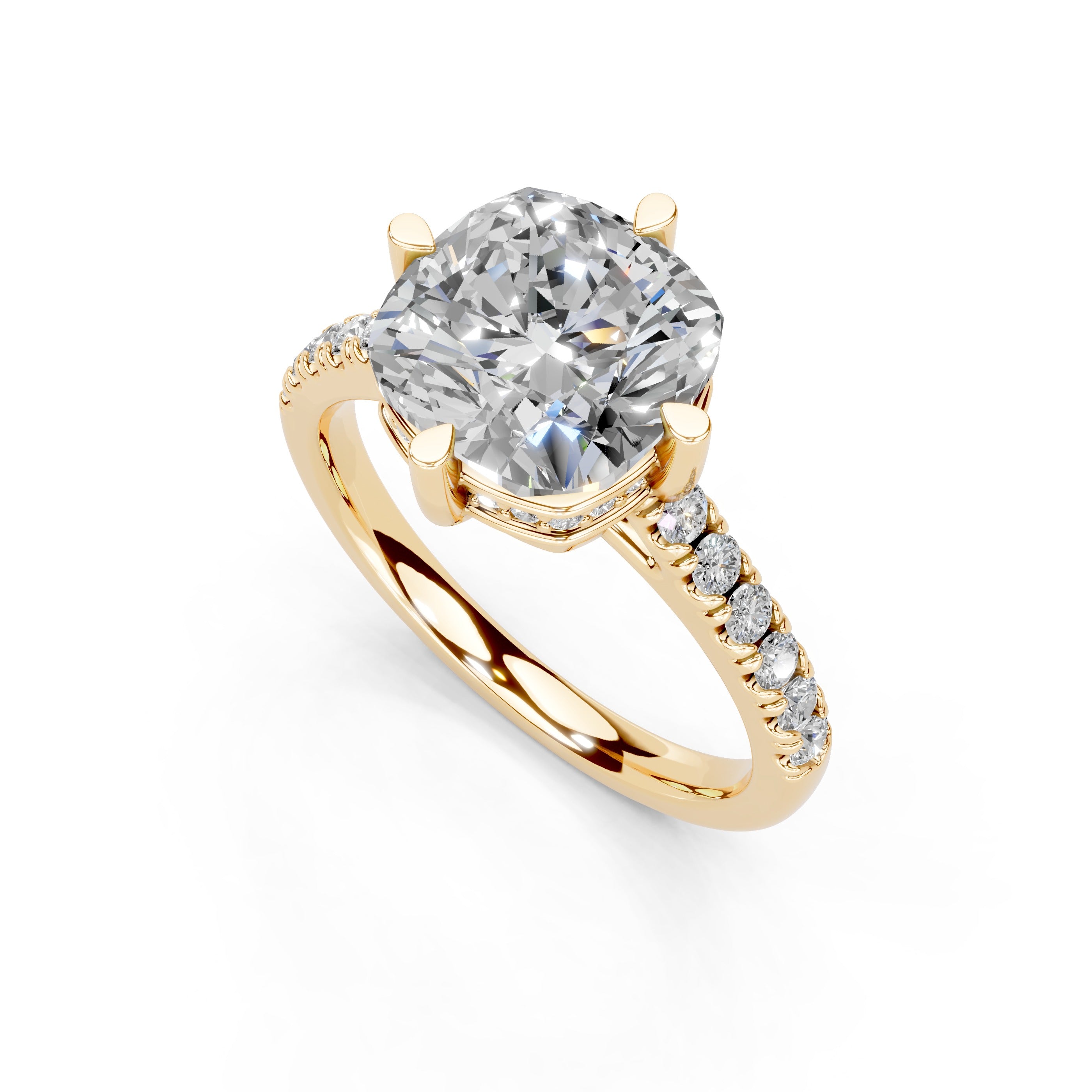 Pave Lab Grown Diamond Engagement Ring with Cushion Center Stone and Hidden Halo Setting