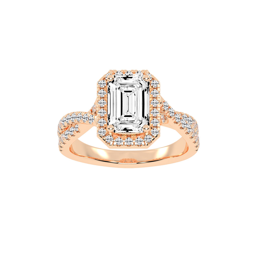 Emerald cut Halo Lab Grown Diamond Engagement Ring with Twisted Pave Setting