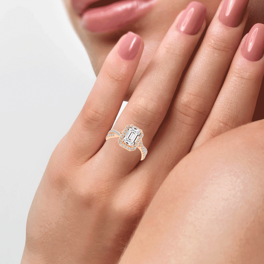 Emerald cut Halo Lab Grown Diamond Engagement Ring with Twisted Pave Setting