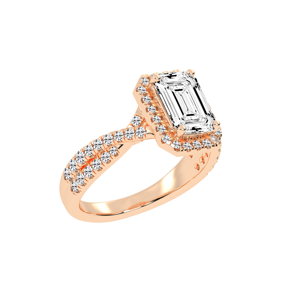 Emerald cut Halo Lab Grown Diamond Engagement Ring with Twisted Pave Setting