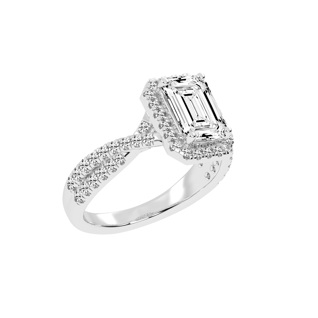 Emerald cut Halo Lab Grown Diamond Engagement Ring with Twisted Pave Setting