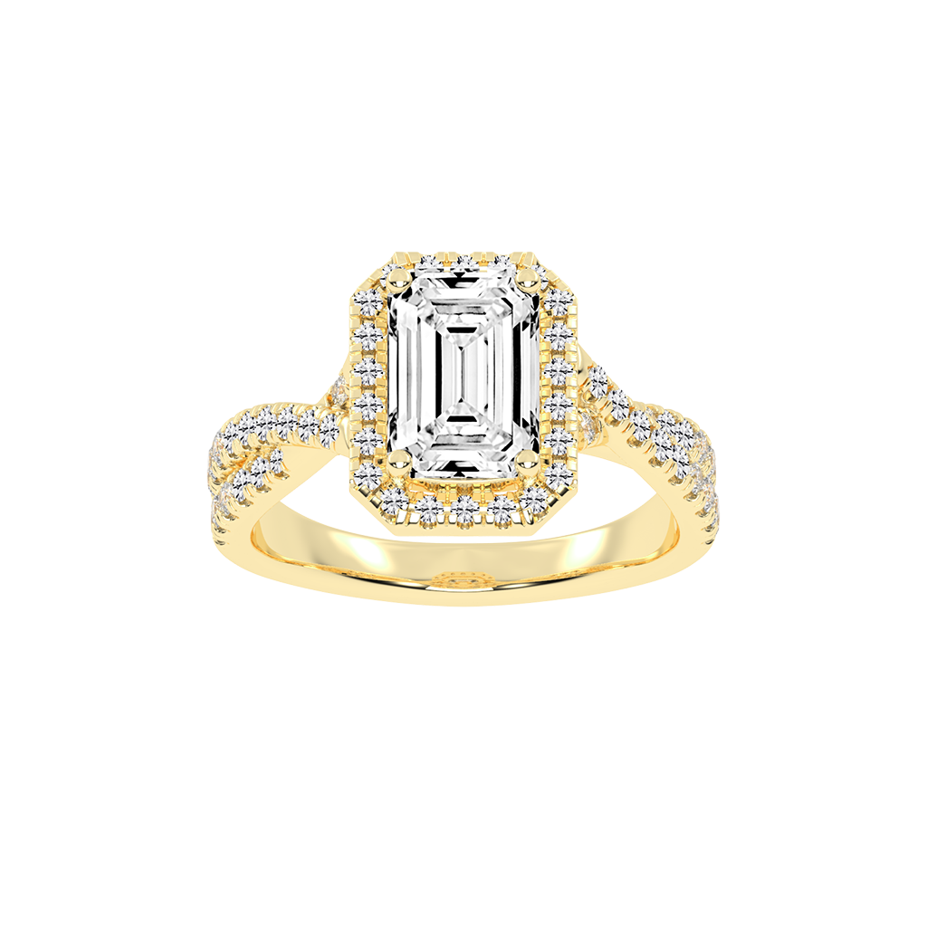 Emerald cut Halo Lab Grown Diamond Engagement Ring with Twisted Pave Setting