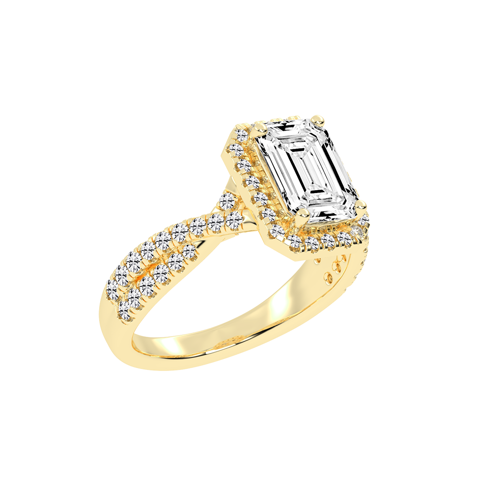 Emerald cut Halo Lab Grown Diamond Engagement Ring with Twisted Pave Setting