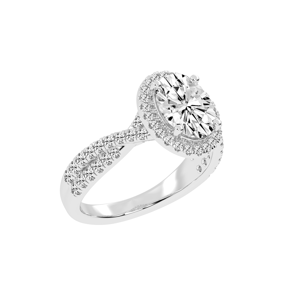 Oval cut Halo Lab Grown Diamond Engagement Ring with Twisted Pave Setting