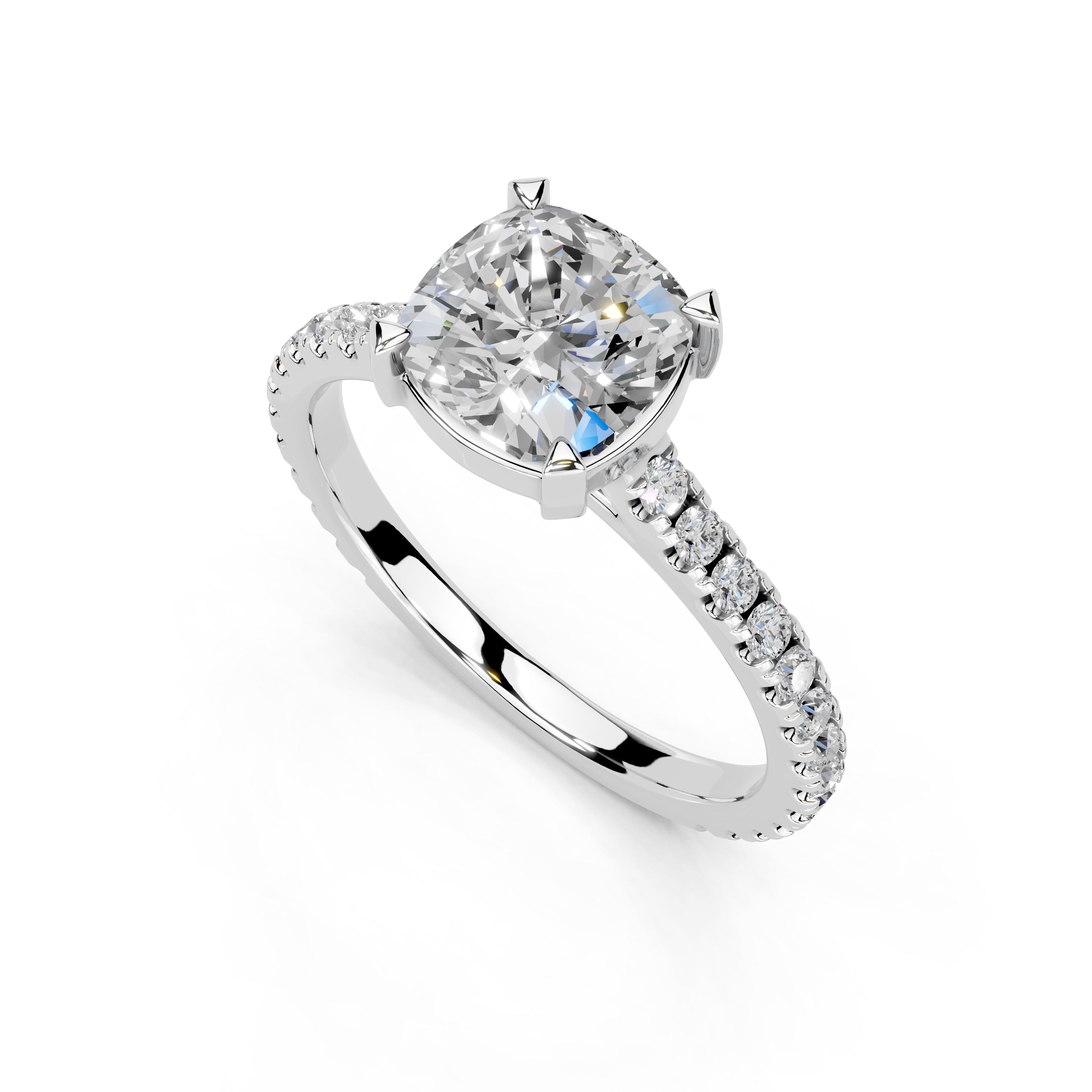 Cushion Cut Four Prong Pave  Lab Grown Diamond Engagement Ring