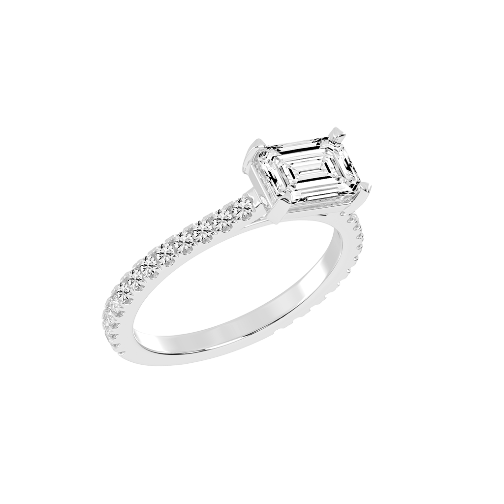 Emerald Cut Four Prong Pave  Lab Grown Diamond Engagement Ring