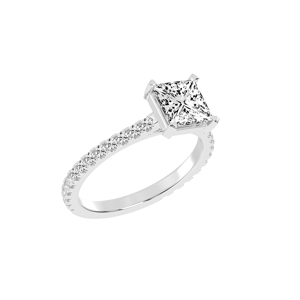 Princess Cut Four Prong Pave  Lab Grown Diamond Engagement Ring