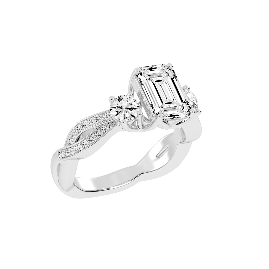 Emerald Cut Fancy Lab Grown Diamond Engagement Ring with Twisted Pave