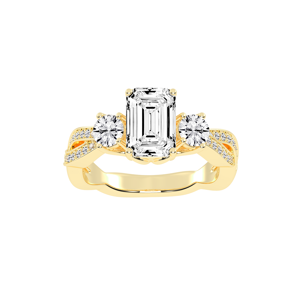 Emerald Cut Fancy Lab Grown Diamond Engagement Ring with Twisted Pave