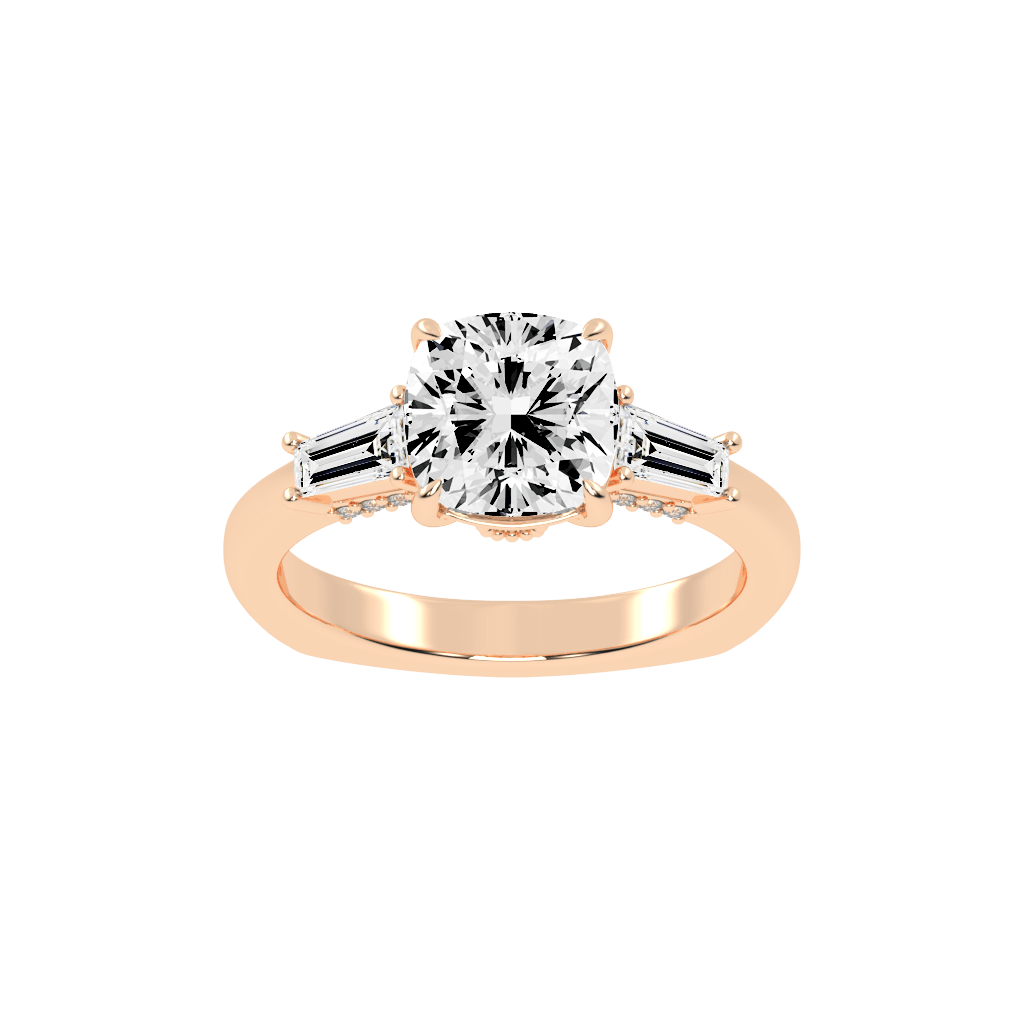 Cushion Cut Baguette Accent Lab Grown Diamond Engagement Ring