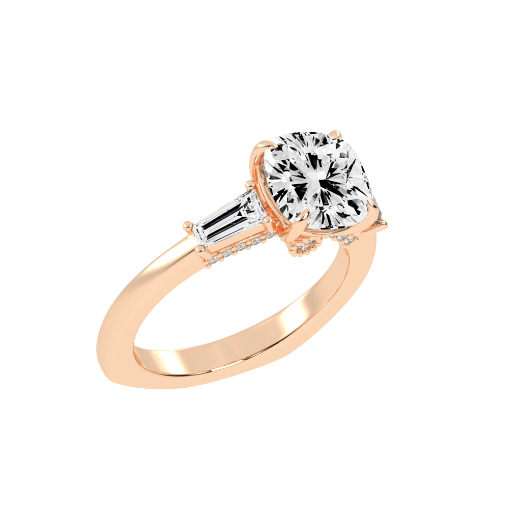 Cushion Cut Baguette Accent Lab Grown Diamond Engagement Ring