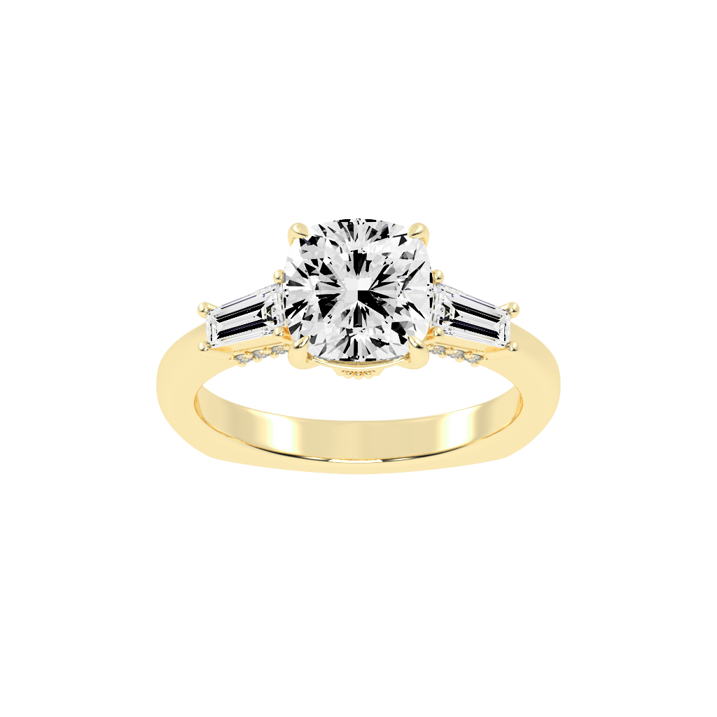 Cushion Cut Baguette Accent Lab Grown Diamond Engagement Ring