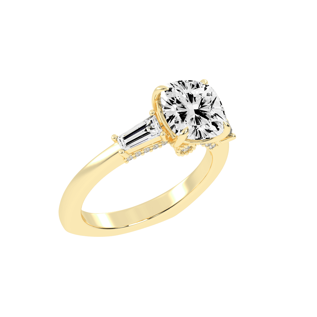 Cushion Cut Baguette Accent Lab Grown Diamond Engagement Ring