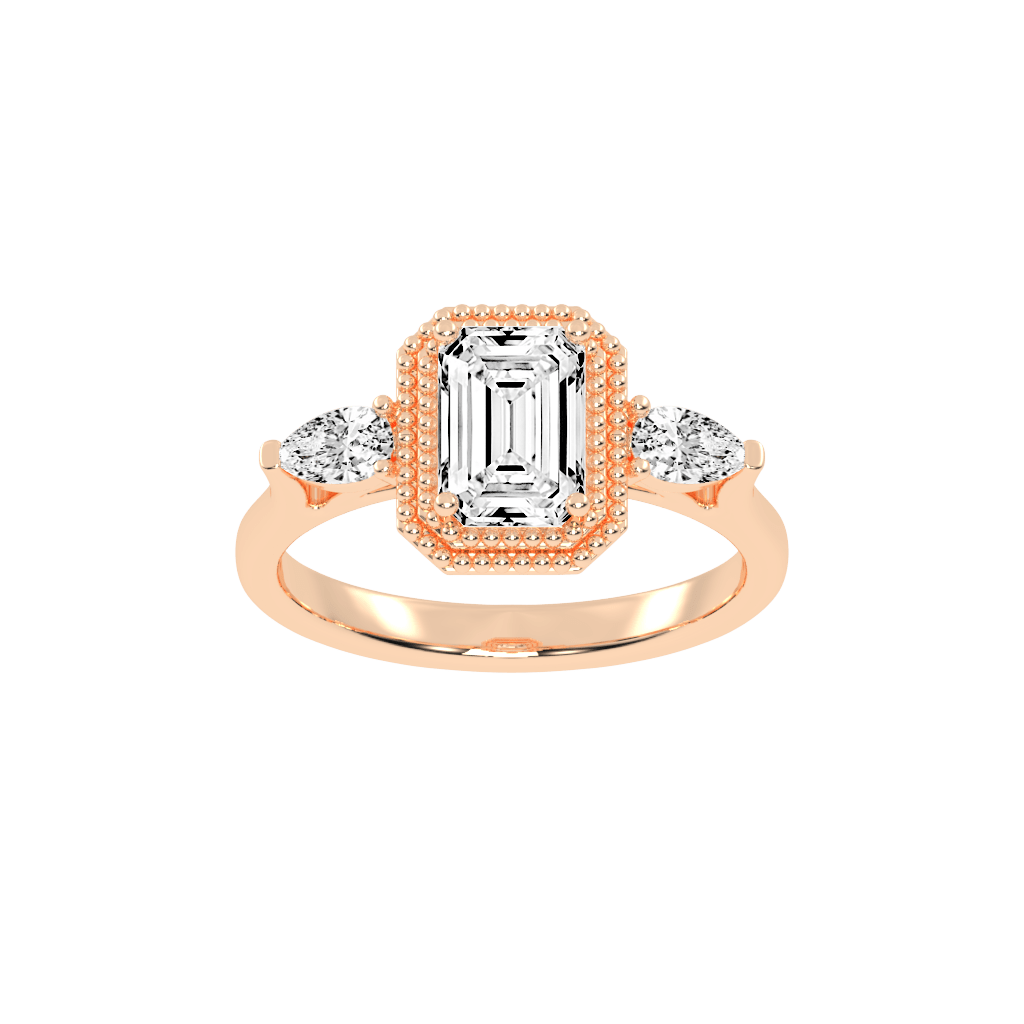 Three Stone Lab Grown Diamond Engagement Ring with Emerald Cut Center Stone and Pear Side Stones